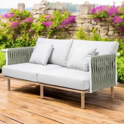Viadurini in the Garden Gartensofas-2-Sitzer-Sofa aus Teakholz, Seilgeflecht und Kissen - Bellatrix