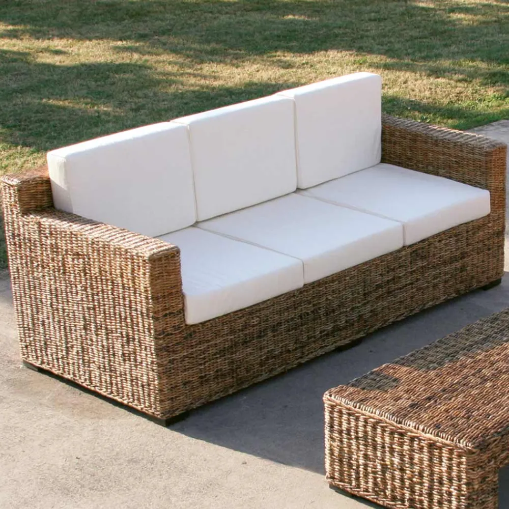 Viadurini in the Garden Gartensofas-3-Sitzer-Sofa mit Bananengeflechtstruktur und ecrufarbenen Kissen - Dish