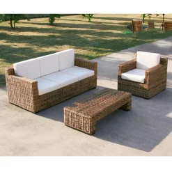 Viadurini in the Garden Gartensofas-3-Sitzer-Sofa mit Bananengeflechtstruktur und ecrufarbenen Kissen - Dish