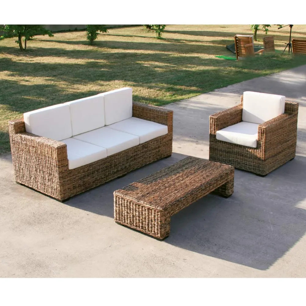 Viadurini in the Garden Gartensofas-3-Sitzer-Sofa mit Bananengeflechtstruktur und ecrufarbenen Kissen - Dish