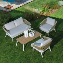Viadurini in the Garden Gartensofas-Sofa mit Sesseln und Couchtisch aus weißem Aluminium für den Garten - Tenda