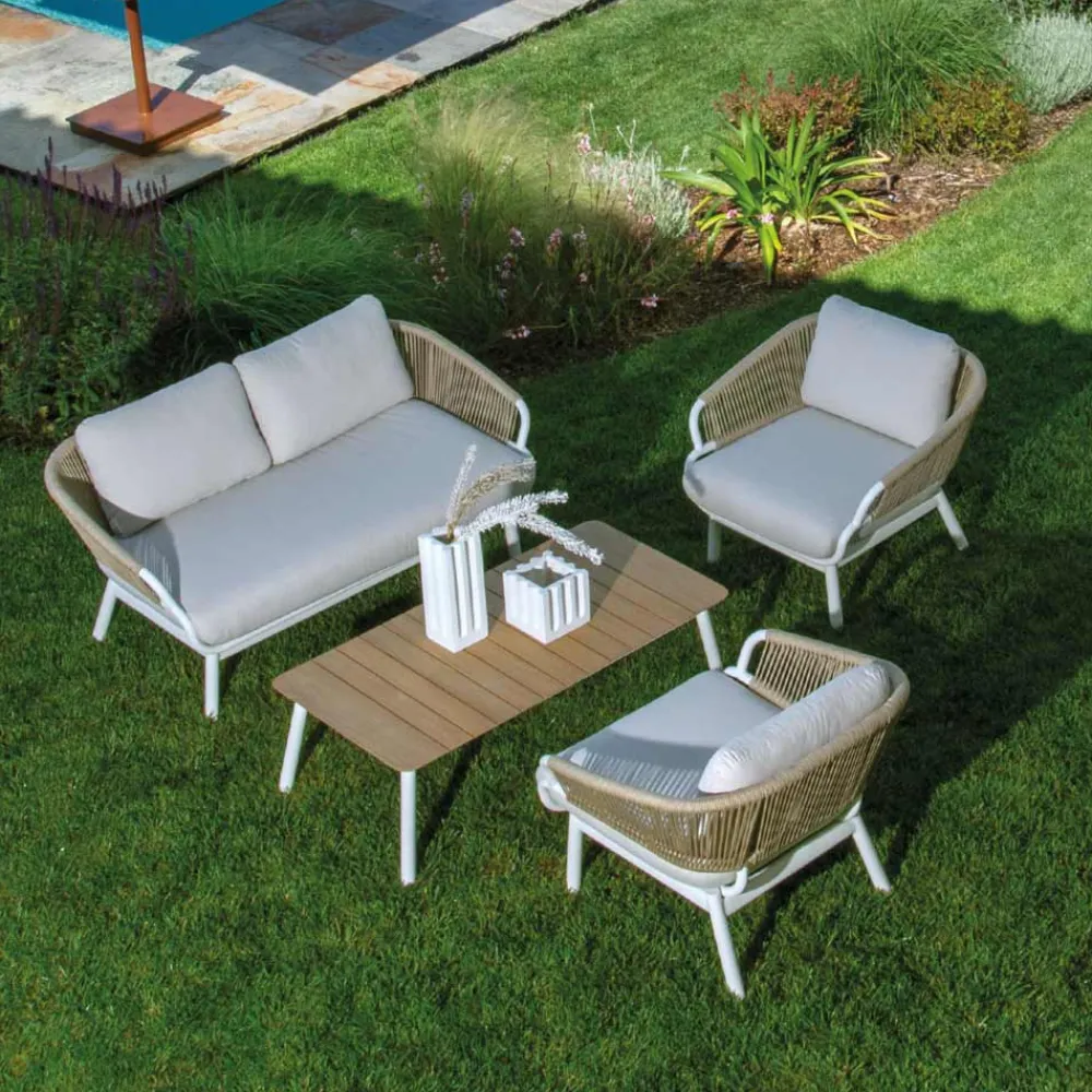 Viadurini in the Garden Gartensofas-Sofa mit Sesseln und Couchtisch aus weißem Aluminium für den Garten - Tenda