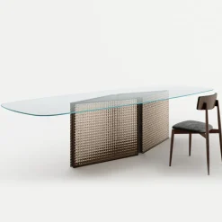 Viadurini Living Esstische-Tisch mit geformter Glasplatte und Untergestell aus geschmolzenem Glas und Metall - Foglietto