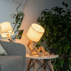 Viadurini Lighting Moderne Tischlampen-Tischlampe aus Naturholz mit Lampenschirm aus weißem - blauem Leinen