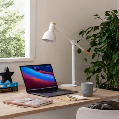 Viadurini Lighting Moderne Tischlampen-Tischlampe aus weißem Metall mit Naturholzdetails - Anya