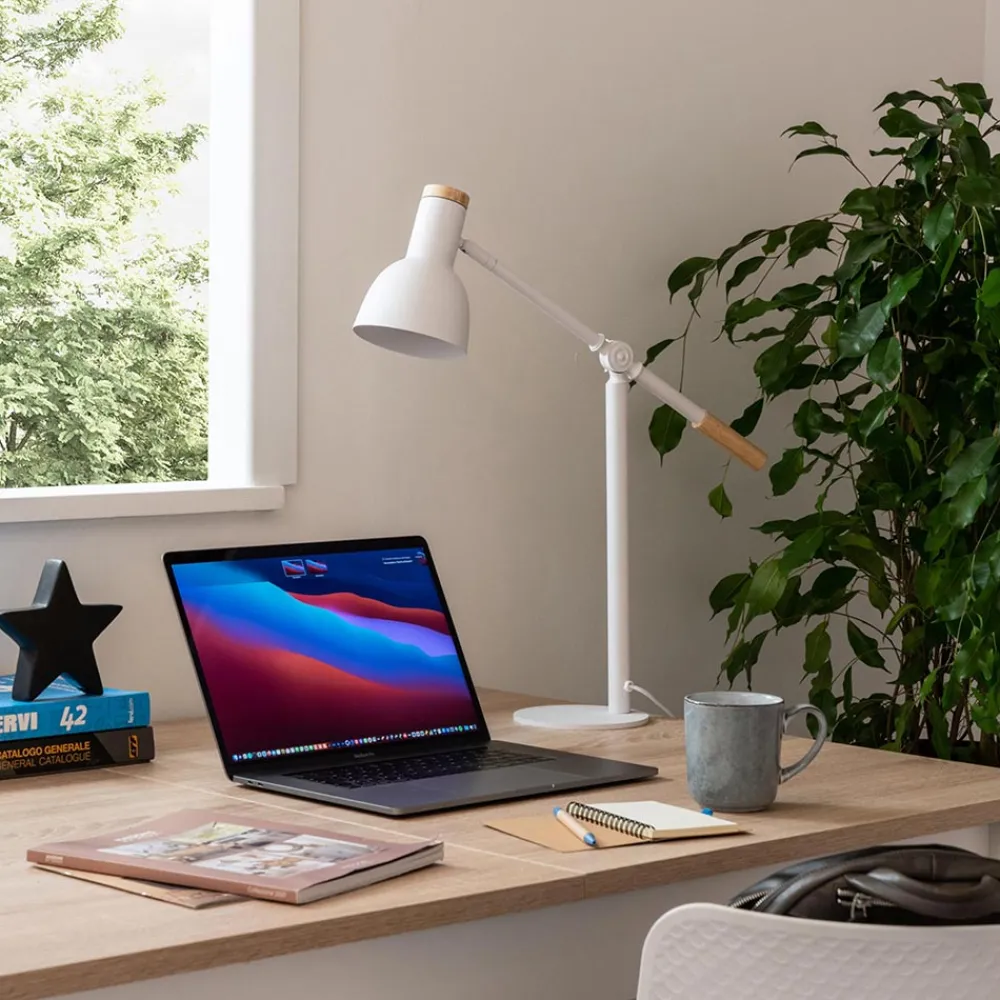 Viadurini Lighting Moderne Tischlampen-Tischlampe aus weißem Metall mit Naturholzdetails - Anya