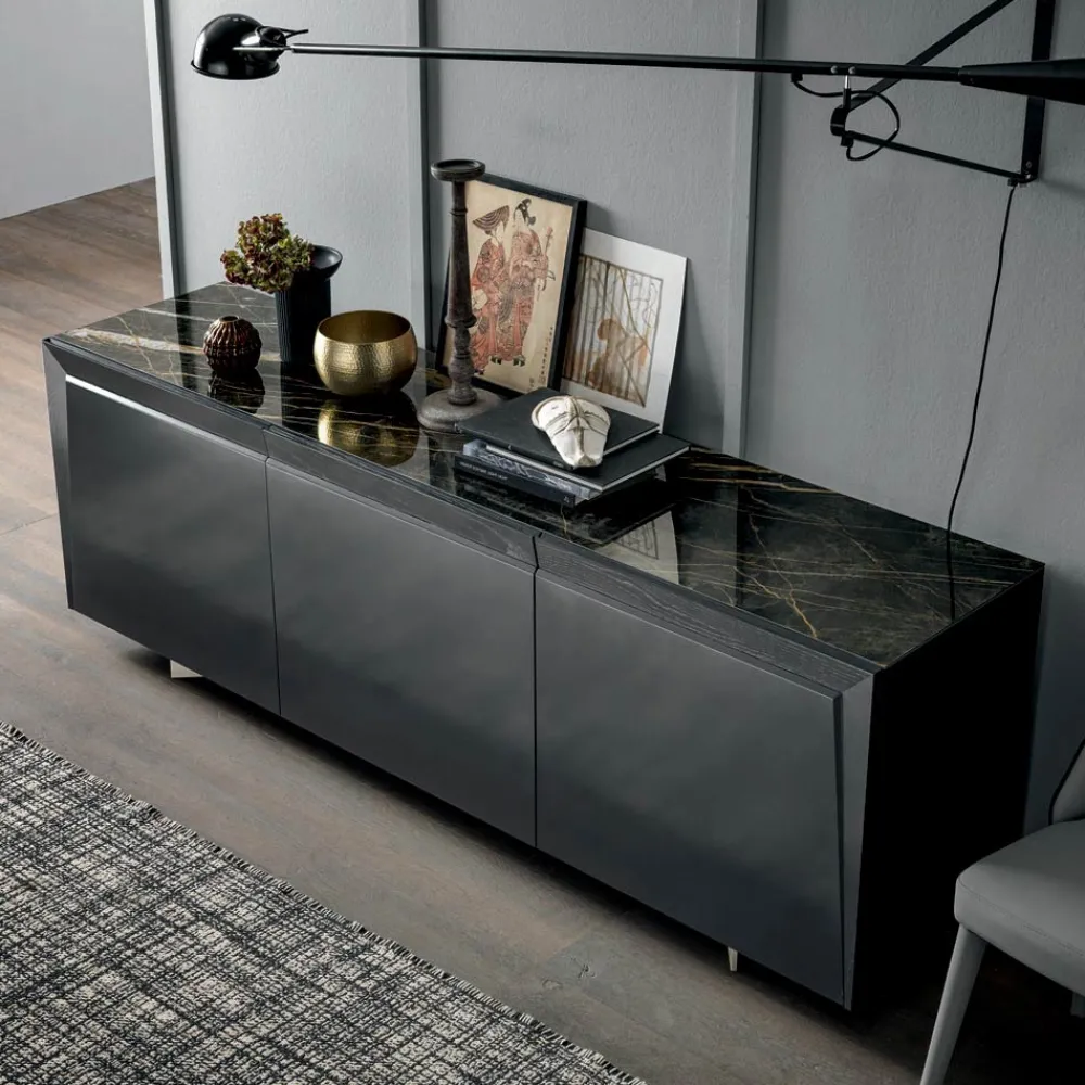 Viadurini Living Sideboards-3-türiges Sideboard aus Holz mit schräger Kante und Keramikplatte - Mondolfo