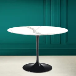 Viadurini Living Tulip Tische|Esstische-Tulpentisch Saarinen H 73 Rund aus Keramik Calacatta Michelangelo - Scharlachrot