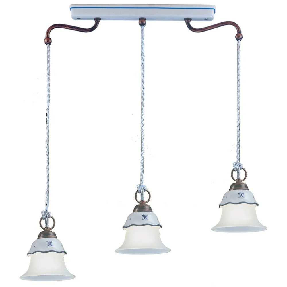 Ferroluce Pendelleuchten Vintage-Vintage 3-Licht-Hängelampe aus Eisen, Glas und Keramik - Ferrara