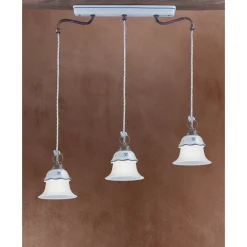 Ferroluce Pendelleuchten Vintage-Vintage 3-Licht-Hängelampe aus Eisen, Glas und Keramik - Ferrara