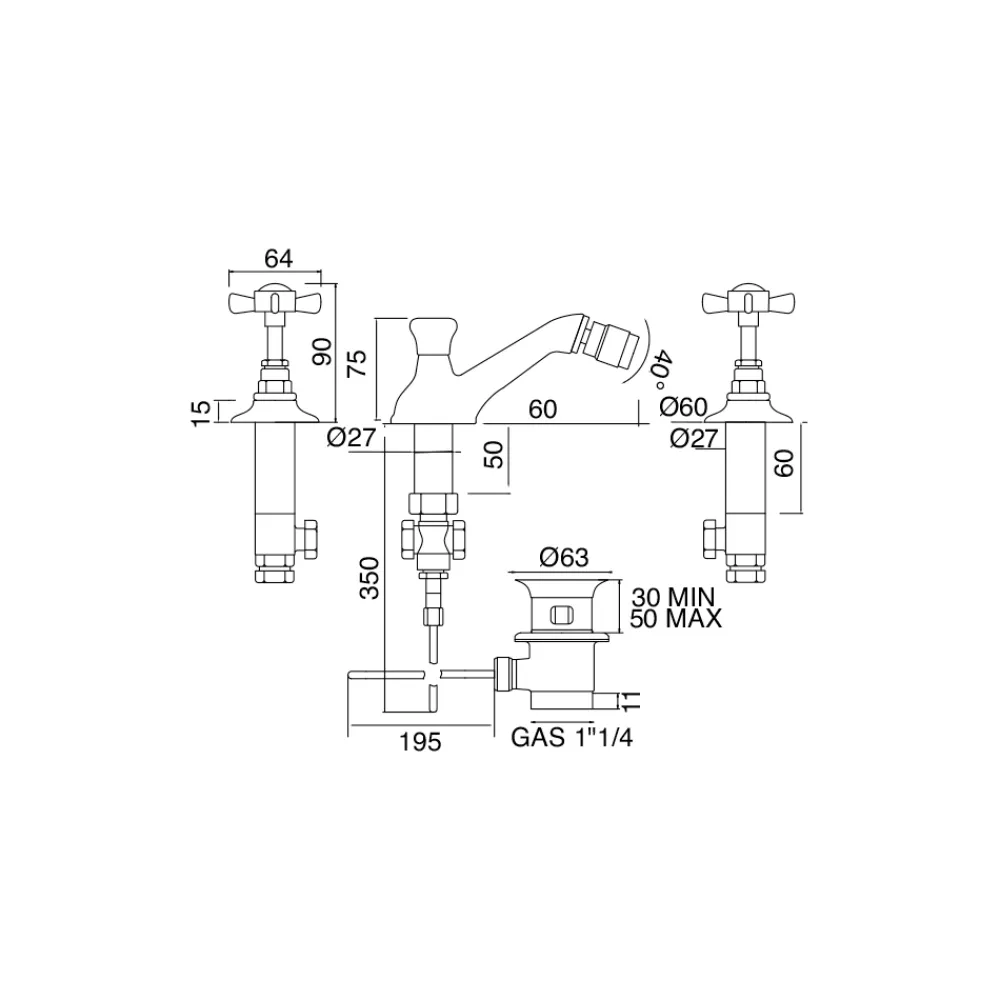 Viadurini Bathroom Bidetarmaturen-Vintage 3-Loch-Bidetarmaturen aus Messing Made in Italy - Katerina