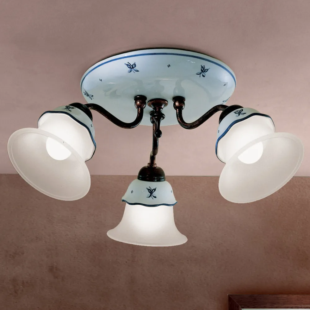 Ferroluce Vintage Deckenleuchten-Vintage-Deckenlampe aus Eisen, Glas und handbemalter Keramik - Ferrara