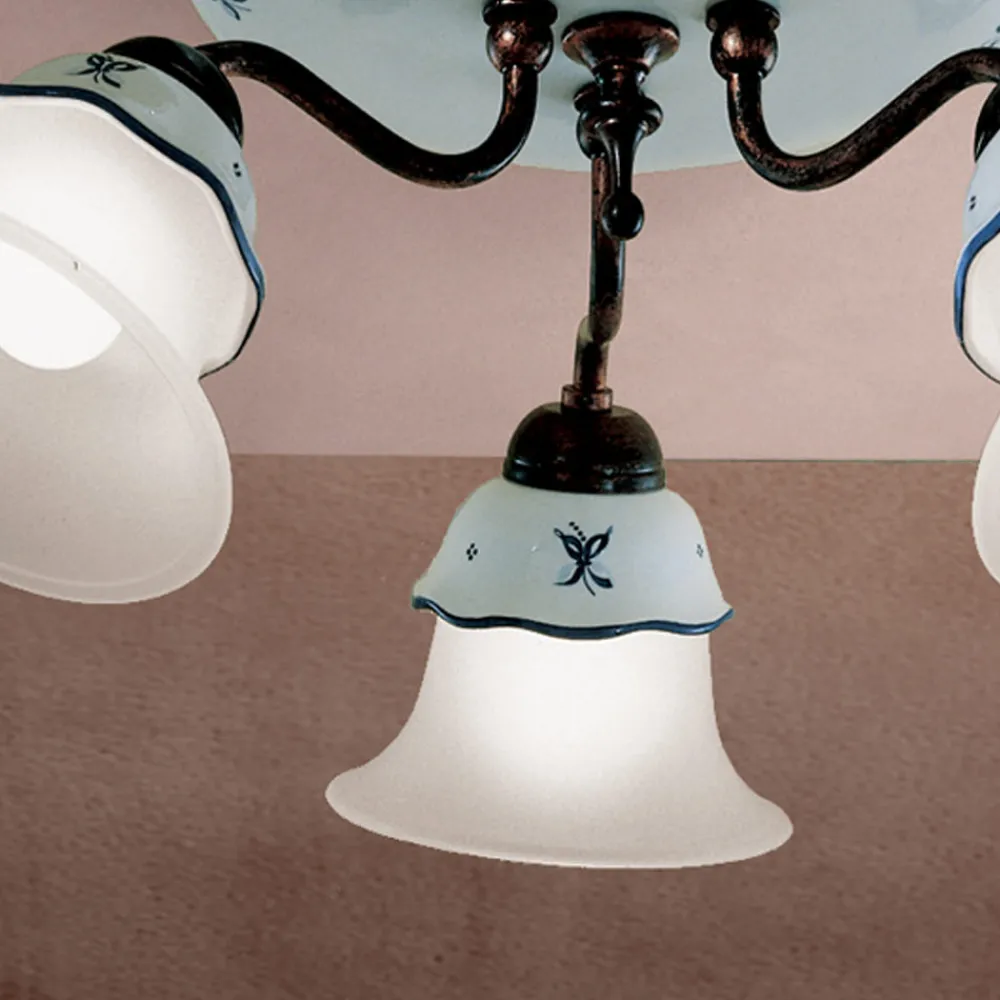 Ferroluce Vintage Deckenleuchten-Vintage-Deckenlampe aus Eisen, Glas und handbemalter Keramik - Ferrara