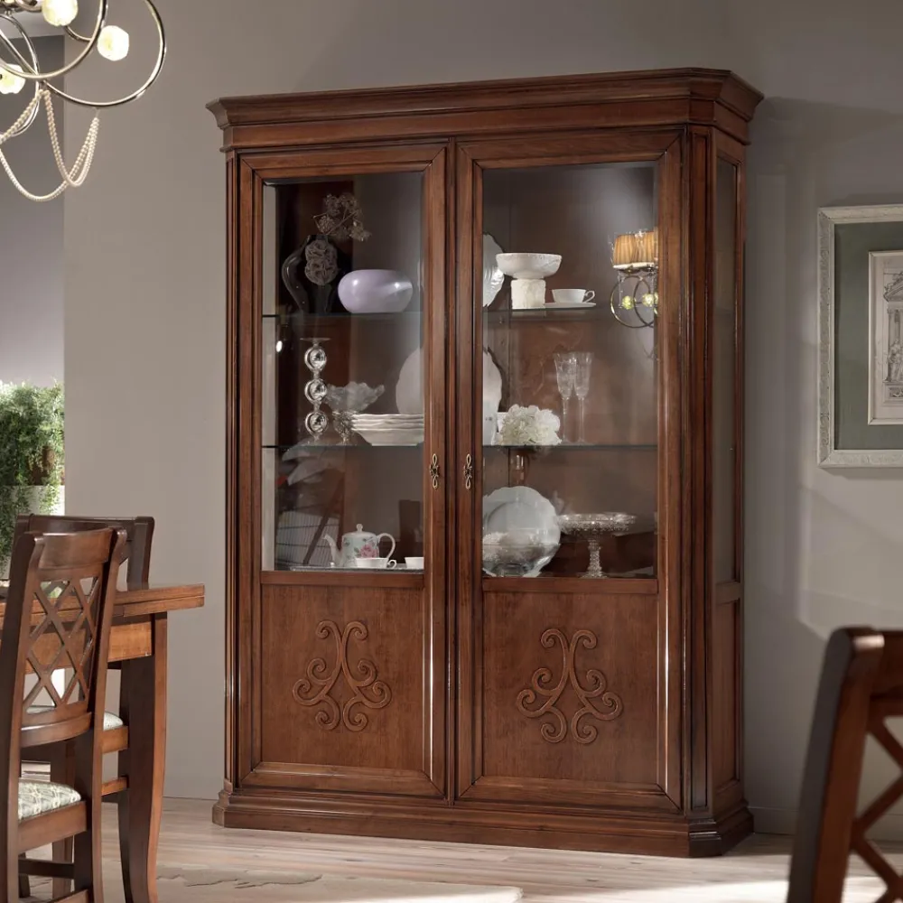 Viadurini Classic Vitrinen-Vitrine aus Holz mit patiniertem Walnuss-Finish und Liliendekor, hergestellt in Italien – Damen