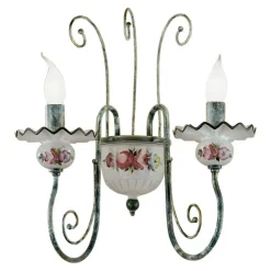 Ferroluce Vintage Wandleuchten-Wandleuchte mit 2 Lichtern aus handverzierter Keramik und antikem Messing - Sanremo