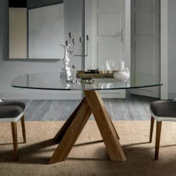 Viadurini Living Esstische-Wohnzimmer Esstisch Glasplatte und Holzbeine - Botanical