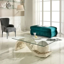Viadurini Living Couchtische Aus Stein-Wohnzimmer-Couchtisch mit Glasplatte und Sockel aus Fossilstein – Kugel