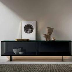 Viadurini Living Sideboards-Wohnzimmer-Sideboard aus Rauchglas und grünem oder rotem Marmor mit Led, Luxus-Leonarda